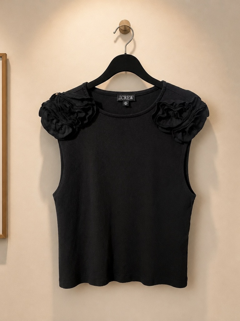 J.Crew Black Ribbed Sleeveless Tank with Rosette Shoulder Detail